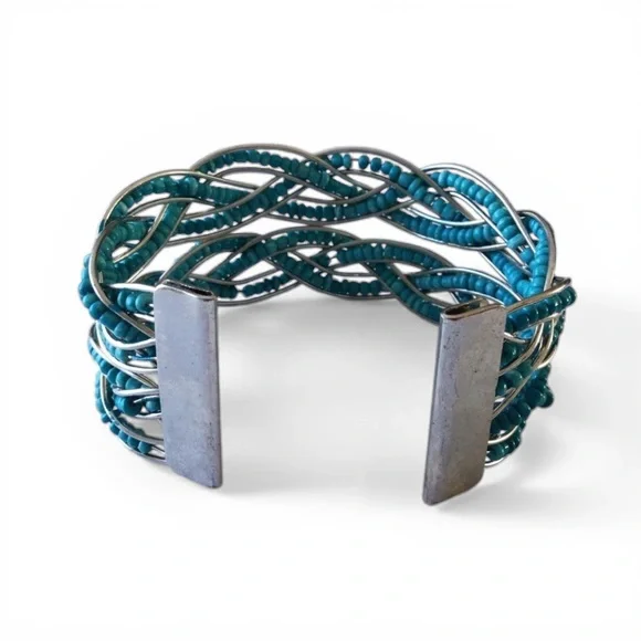 🌻 Braided Seed Bead Cuff Bracelet- Teal & Silver - Picture 7 of 12